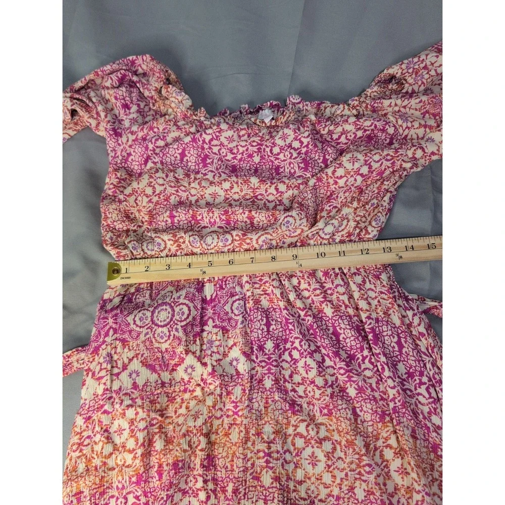 Pink Lily Floral Boho Maxi Dress‎ Small Square Neck Puff Sleeve Belted